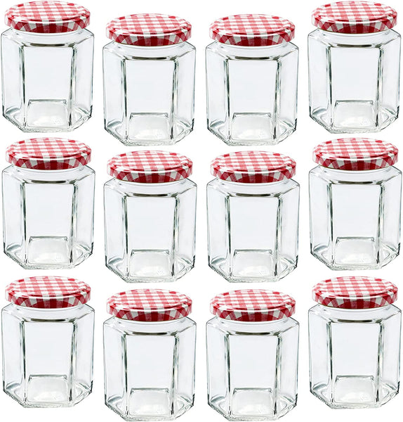 HEXAGONAL GLASS JARS WITH LID - 12 PIECES
